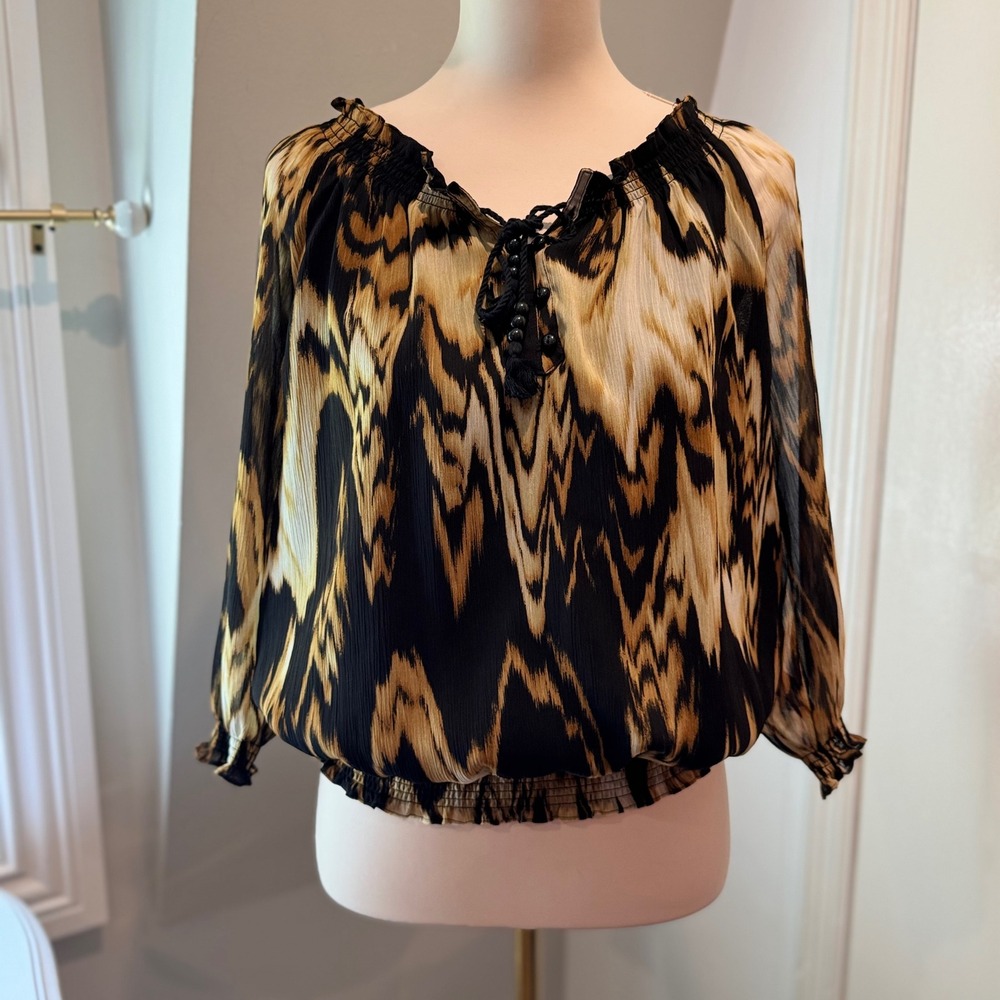 Jones New York Signature‎ Animal Print Blouse Smocked Tassel Tie | Size S